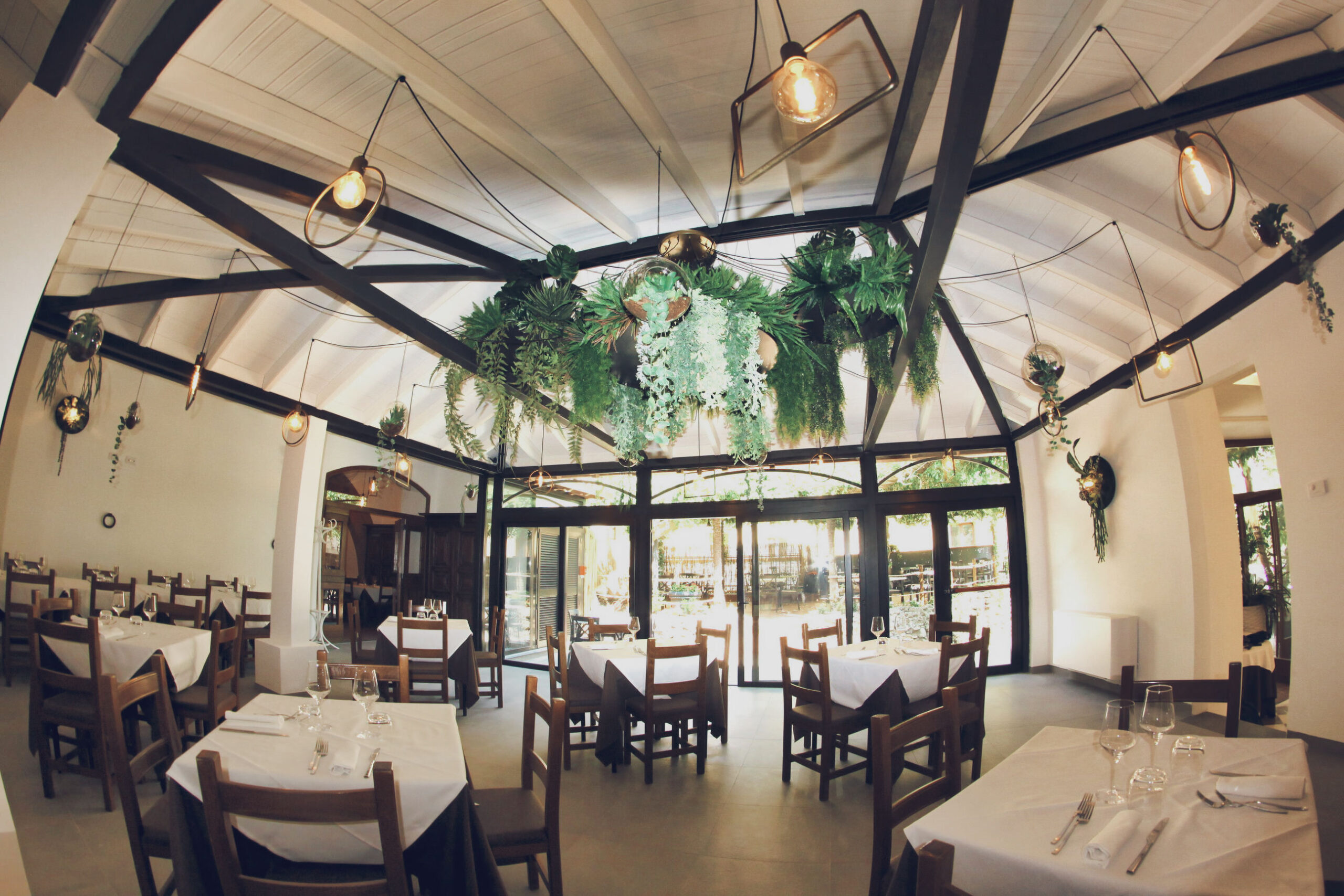 Ristorante con tavoli apparecchiati e piante sospese.