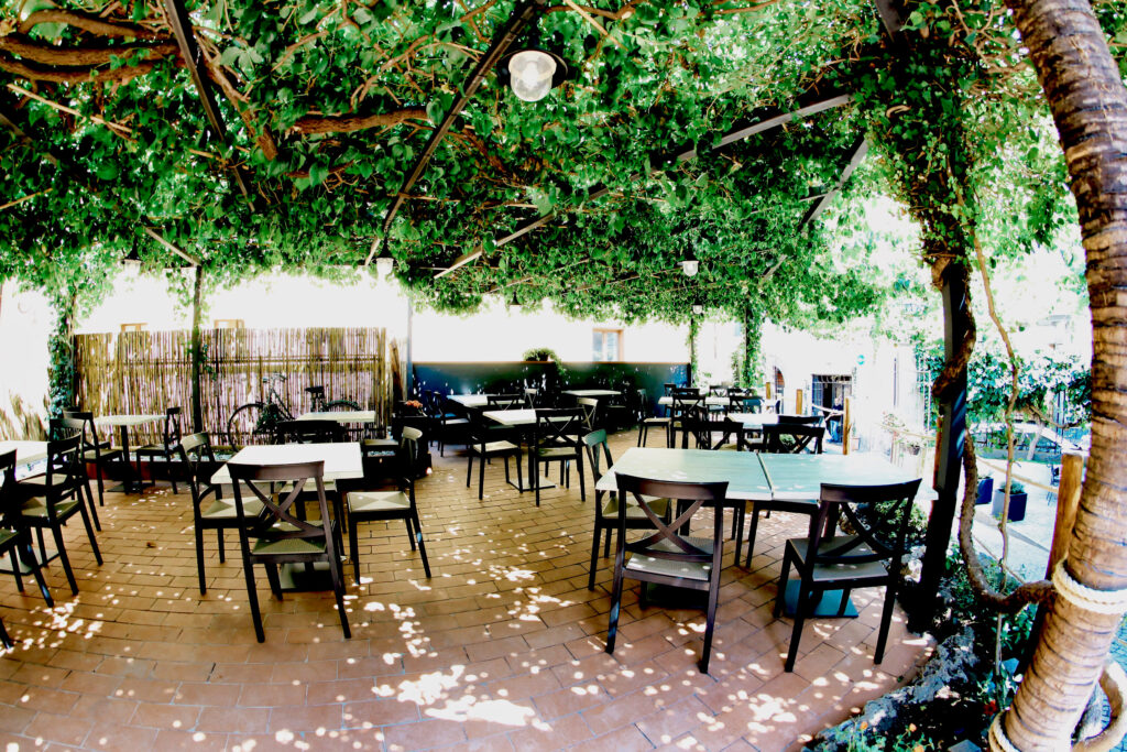 Terrazza con tavoli e sedie sotto pergolato verde.